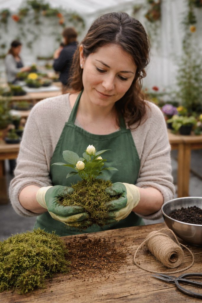 MUJER TRABAJANDO EN EL TALLER FLORAL EN BARCELONA EDICION KOKEDAMA POR DAL