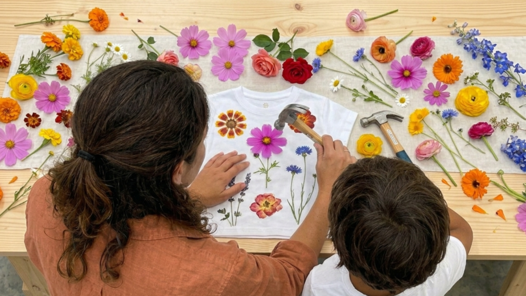 Taller infantil de estampado floral en camiseta