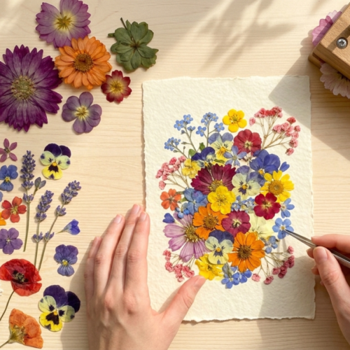 Diseño floral artístico con flores prensadas de colores sobre papel durante un taller en Barcelona.