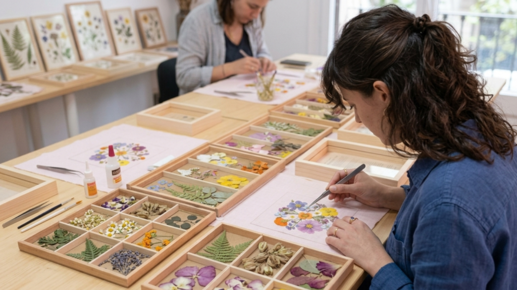 Participante creando una composición botánica con flores prensadas en un taller floral en Barcelona.