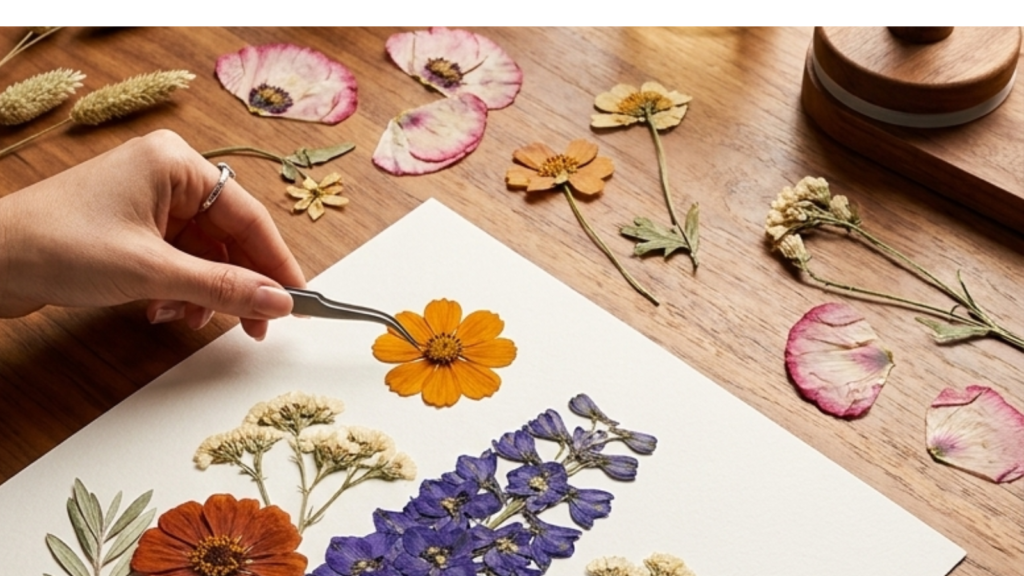 Detalle de manos componiendo flores prensadas sobre una lámina en un taller botánico en Barcelona.