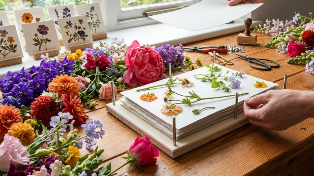 Grupo de alumnos realizando composición floral con flores prensadas en una mesa de taller en Barcelona.