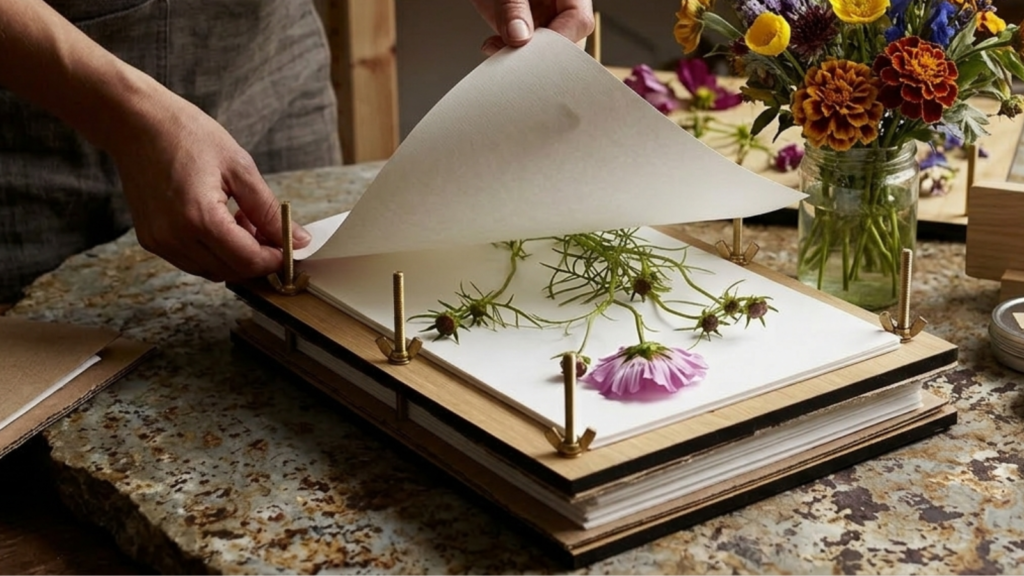 Manos colocando flores en una prensa botánica durante un taller de prensado floral en Barcelona.