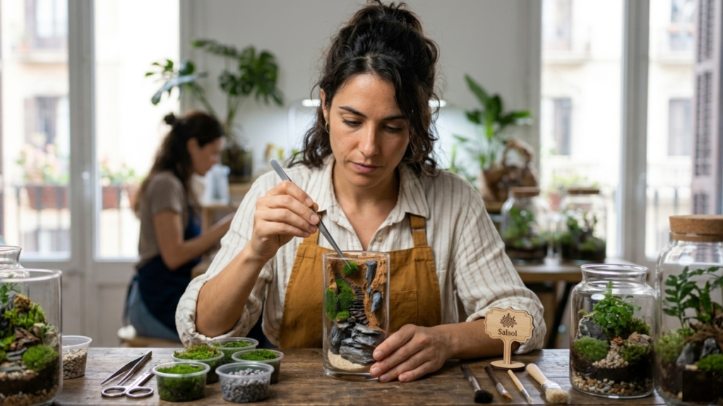 Creación manual de un terrario decorativo con plantas en un taller botánico presencial en Barcelona.