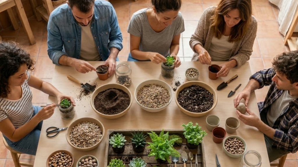 Experiencia grupal de taller de terrarios con materiales naturales y plantas en Barcelona.