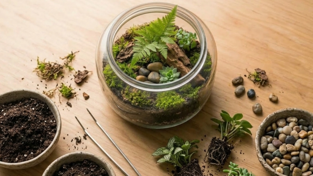 Materiales y composición inicial para crear un terrario botánico en un taller presencial en Barcelona.