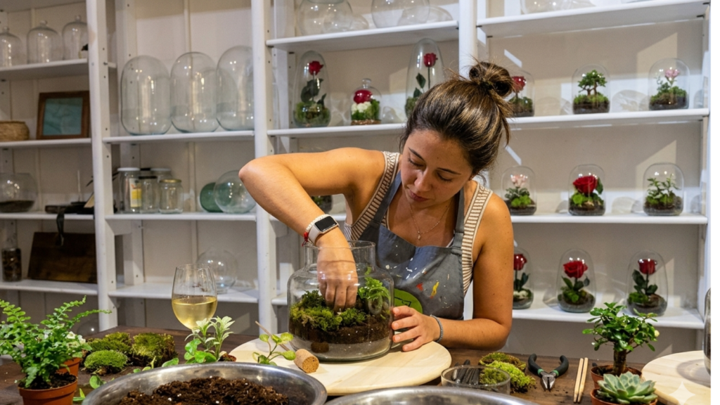 Participante creando un terrario artesanal en mesa de trabajo durante un taller de DAL The Floral Agency.