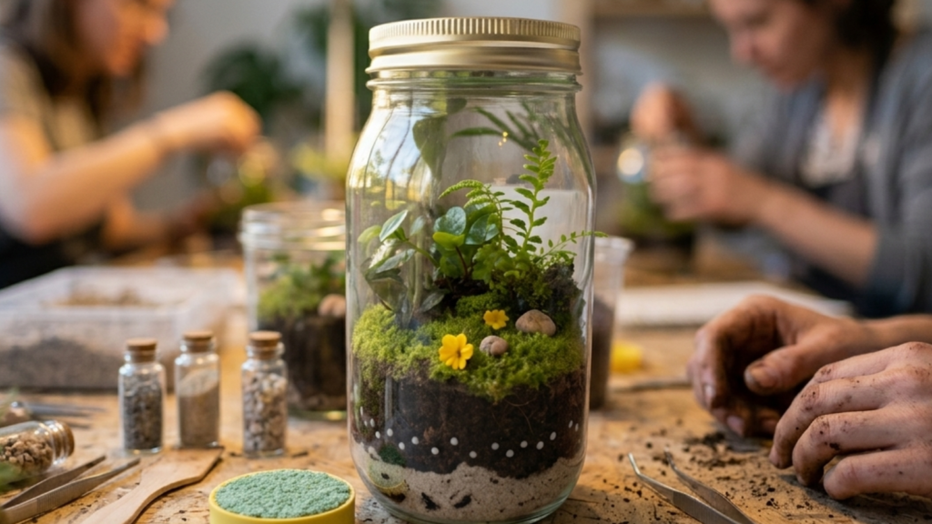 Terrario en tarro de cristal realizado en un taller de terrarios en Barcelona por DAL The Floral Agency.