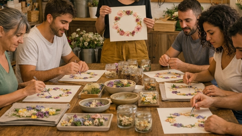 Grupo de alumnos realizando composición floral con flores prensadas en una mesa de taller en Barcelona.