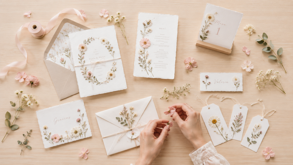Papelería botánica con flor prensada